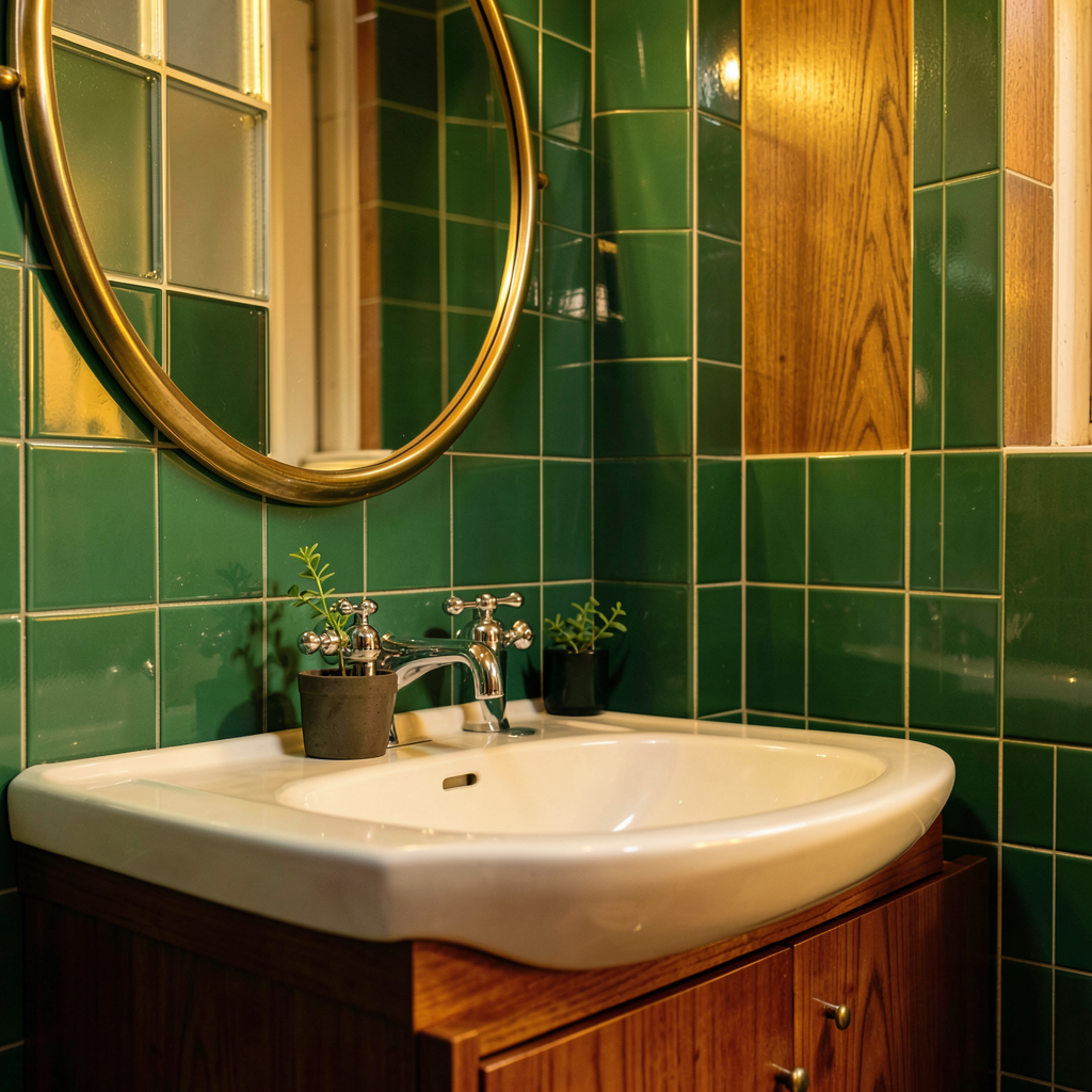 Détail de robinetterie dorée et carrelage vert sauge dans une salle de bain mid-century moderne