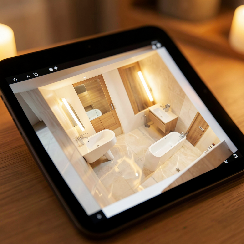 Aperçu 3D d'une petite salle de bain sable optimisée avec rangements intégrés et éclairage doux