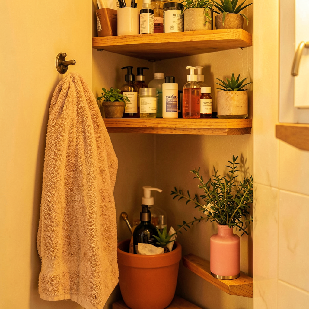 Rangements DIY au-dessus des toilettes dans une salle de bain studio aux couleurs rose et beige