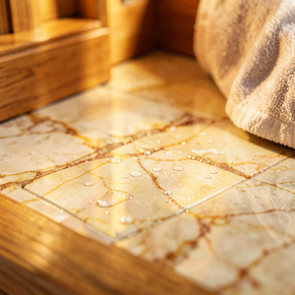 Détail d'un sol en tomette terre cuite dans une salle de bains naturelle et chaleureuse