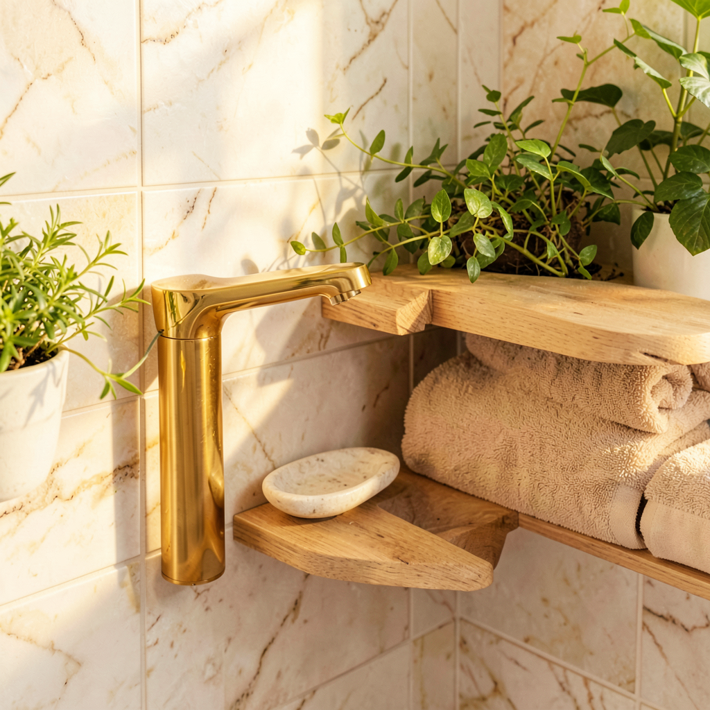 Détail d'une salle de bain naturelle blanc et beige avec accessoires en rotin et plante verte