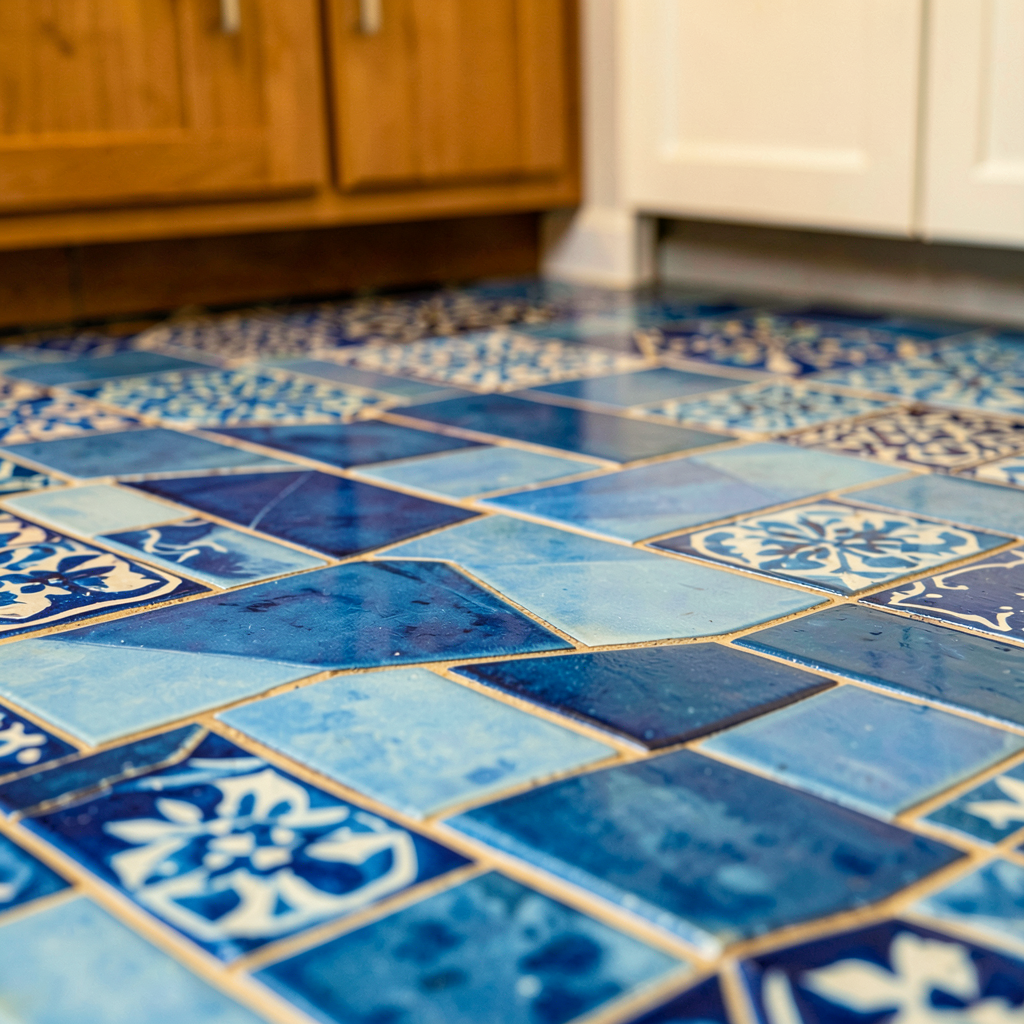 Détail de carrelage zellige bleu dans une salle de bain tendance aux finitions naturelles