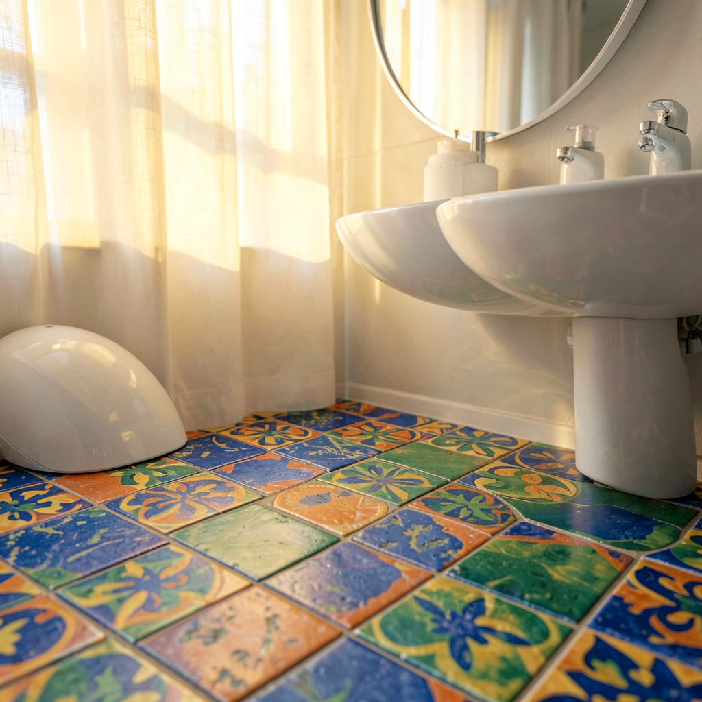 Détail de carreaux de ciment géométriques dans une salle d'eau originale et lumineuse