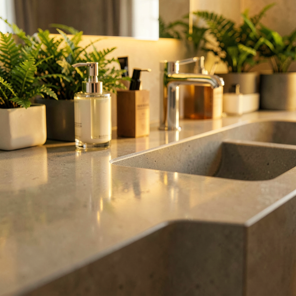 Douche à l'italienne avec muret en béton ciré gris et niche encastrée dans une salle de bain épurée