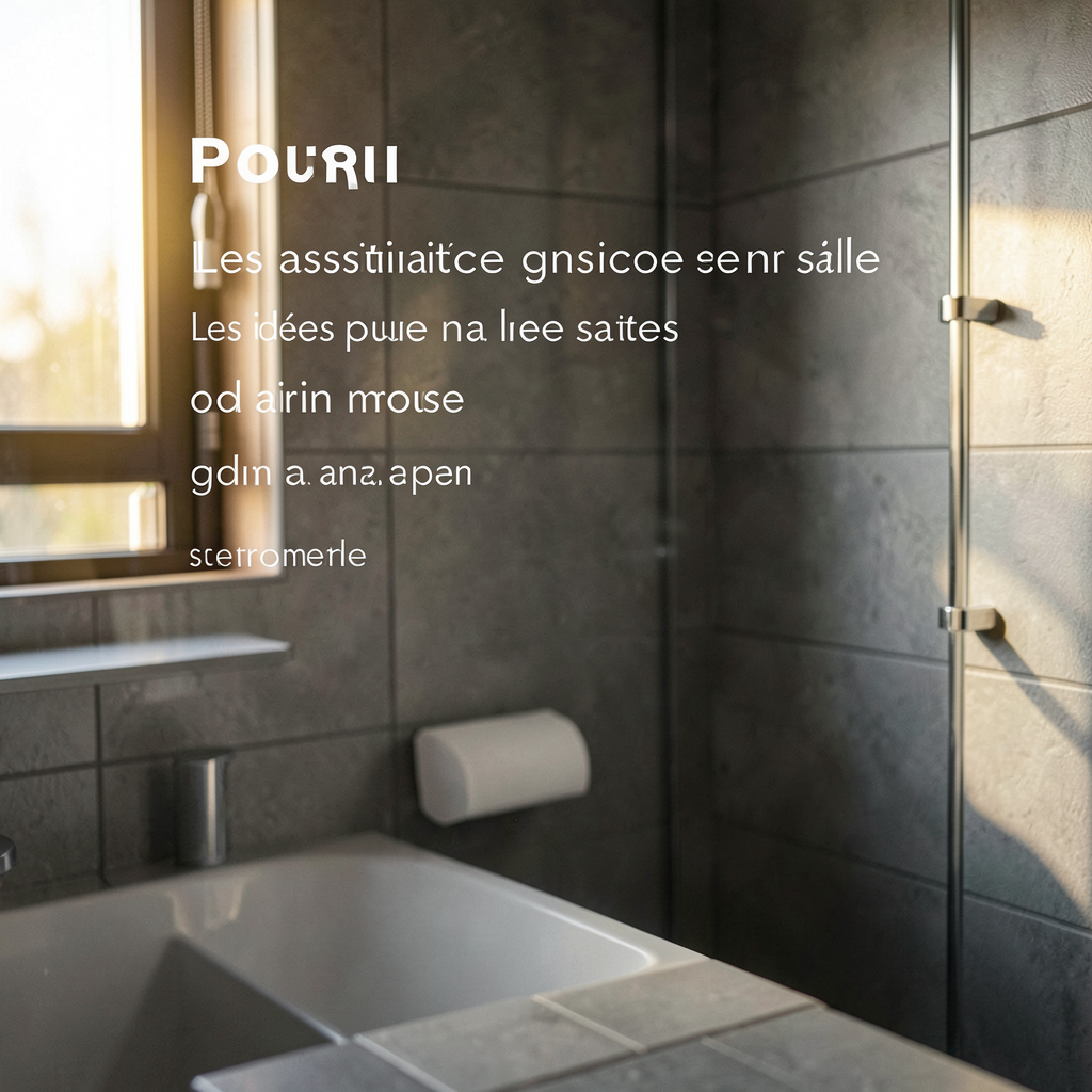 Détail déco salle de bain grise et bois avec robinetterie noire mate et plante verte sur comptoir.