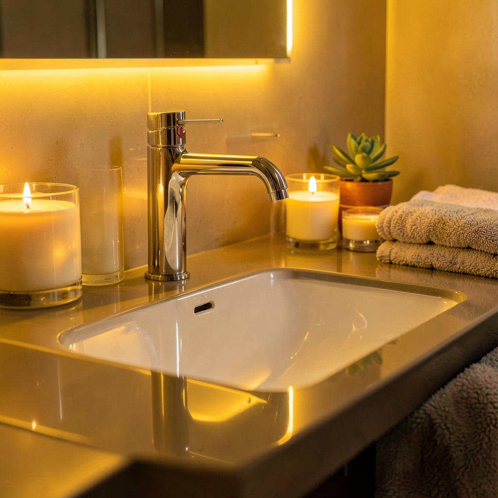 Idée déco salle de bain tendance avec miroir rond et étagères en bois naturel