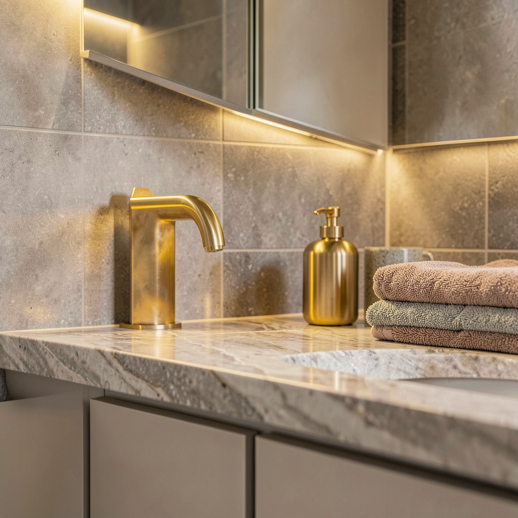 Détail de salle de bain tendance avec niche murale, robinetterie dorée et plante verte