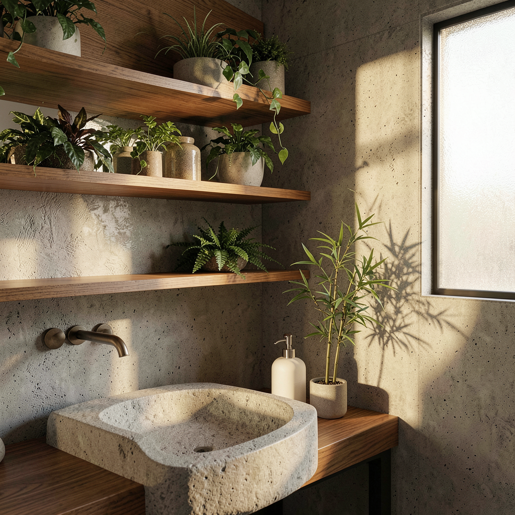 Détail déco salle de bain bois et pierre avec accessoires en fibre naturelle et lumière tamisée pour une ambiance spa à domicile.