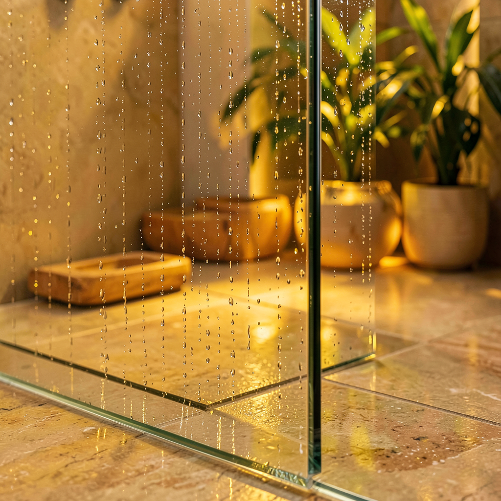 Paroi de douche en verre sans cadre dans une salle de bain aménagée avec bois et carrelage beige