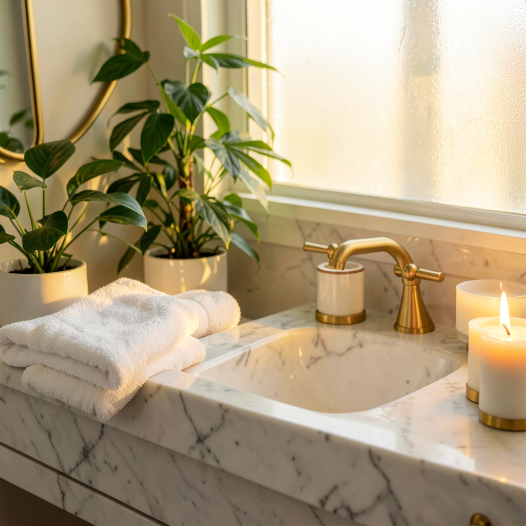 Meuble vasque en bois warm et robinetterie dorée brossée dans une salle de bain tendance 2026