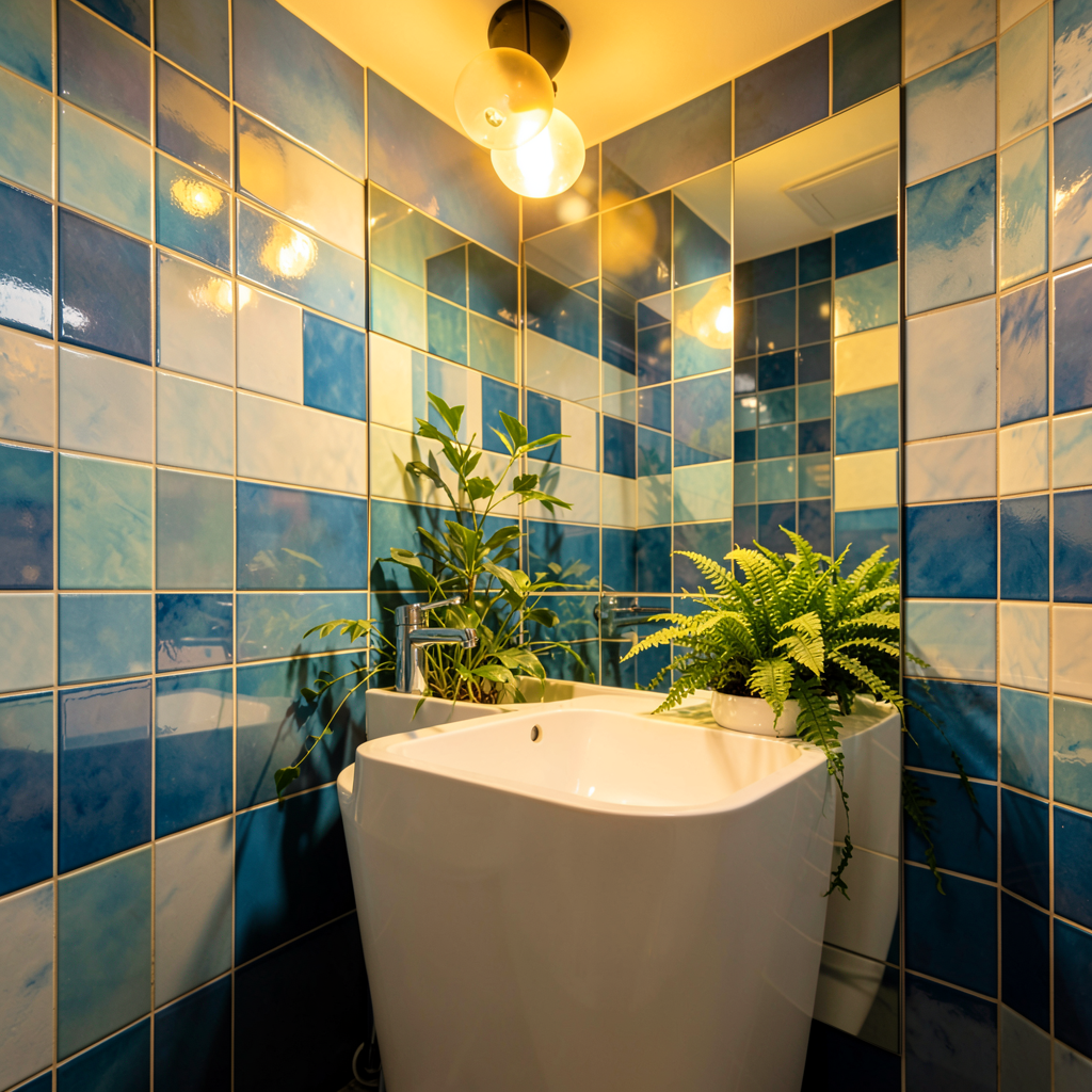 Petite salle de bain tendance en sous-sol avec miroir rétroéclairé et revêtement clair