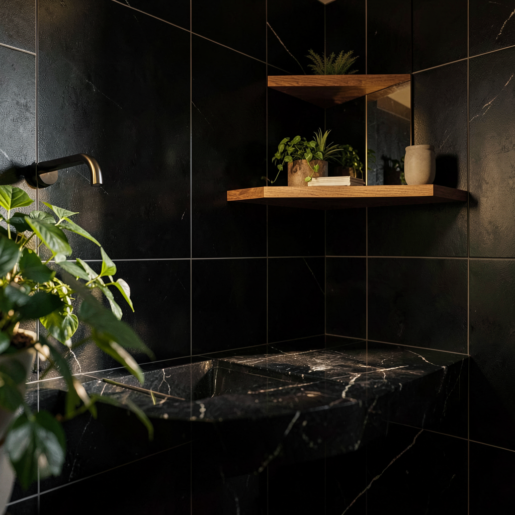 Détail déco salle de bain tendance avec bois naturel, miroir encadré noir et lumière tamisée