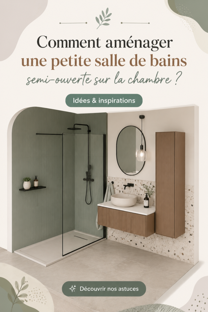 Salle de bains semi-ouverte lumineuse avec meuble en bois et cloisons vitrées