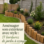 Bordures de jardin en pierre décoratives entourant un parterre fleuri.