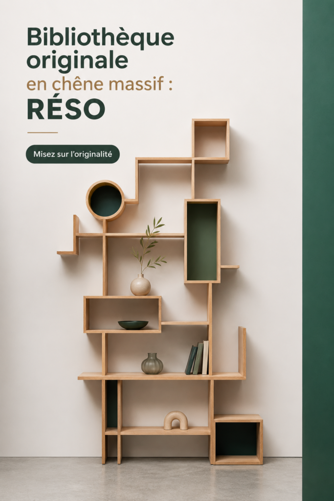 Bibliothèque en chêne massif sur fond de salon élégant