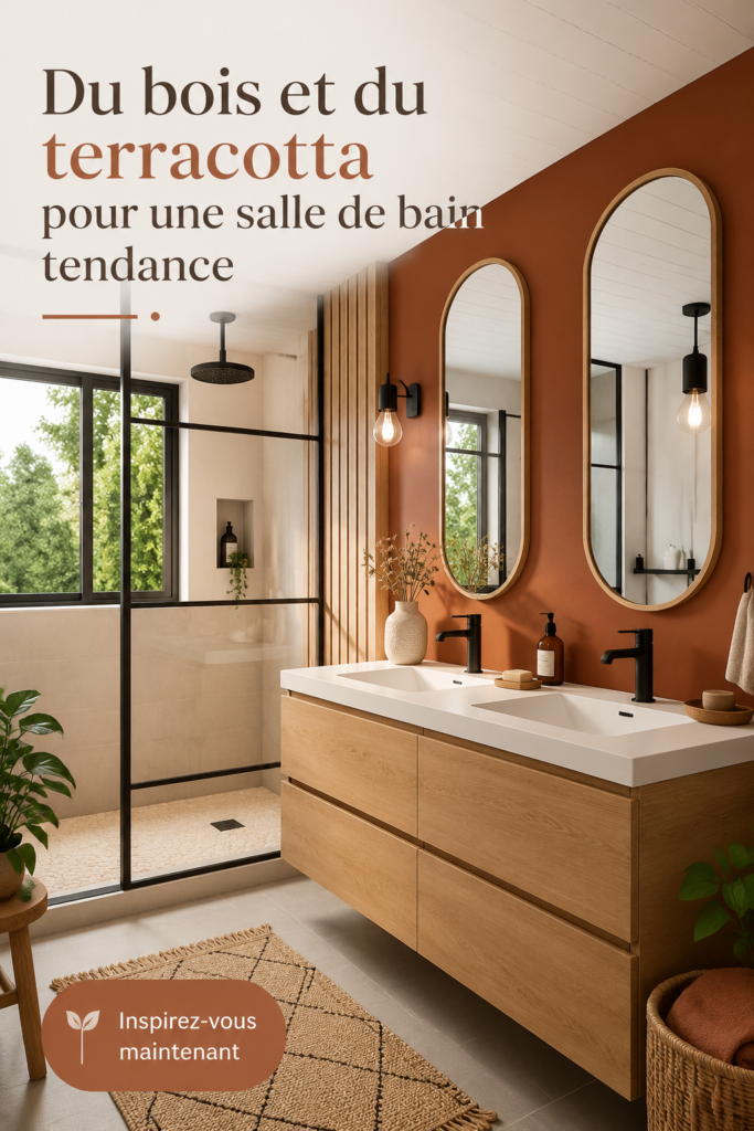 Salle de bain avec revêtements en bois et accessoires en terracotta
