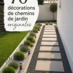 Un jardin avec des chemins décorés de pierres et de plantes originales, créant une ambiance accueillante.