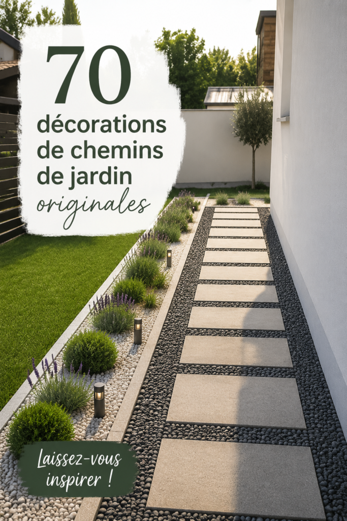 Un jardin avec des chemins décorés de pierres et de plantes originales, créant une ambiance accueillante.