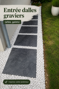 Entrée moderne avec dalles en pierre et gravier décoratif