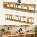 Établi en bois avec tiroirs, outils et matériel à disposition, dans un atelier.
