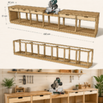 Établi en bois avec tiroirs, outils et matériel à disposition, dans un atelier.