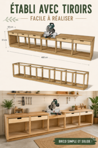 Établi en bois avec tiroirs, outils et matériel à disposition, dans un atelier.