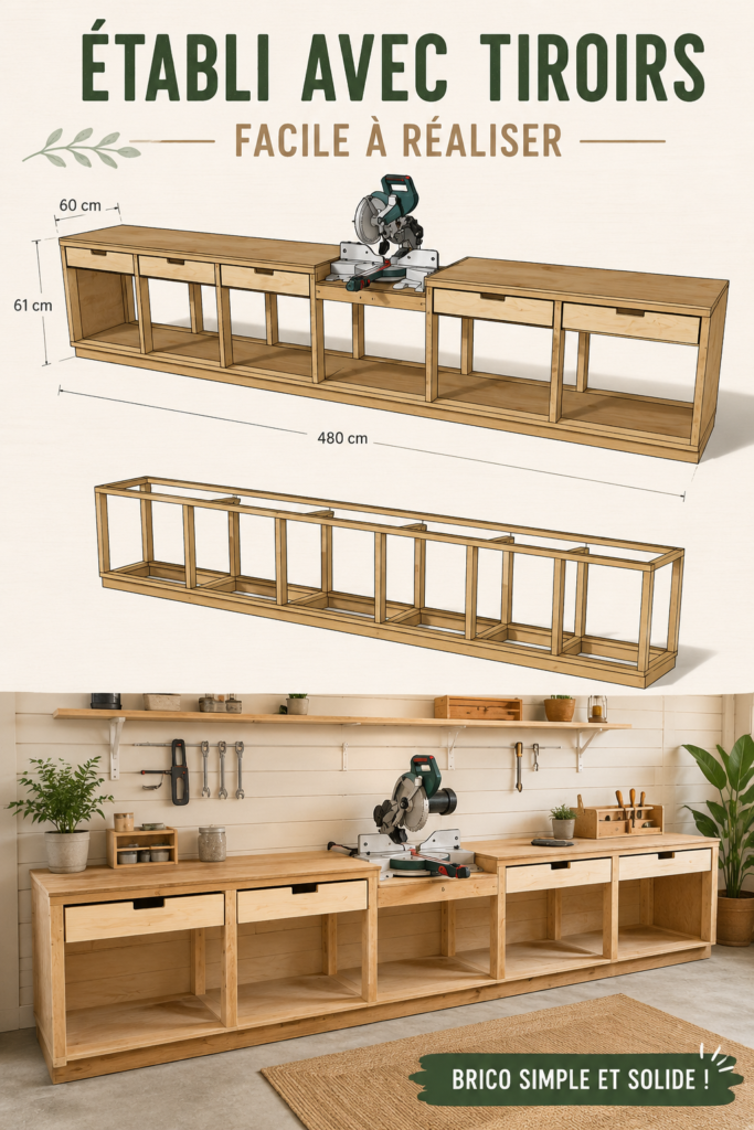 Établi en bois avec tiroirs, outils et matériel à disposition, dans un atelier.