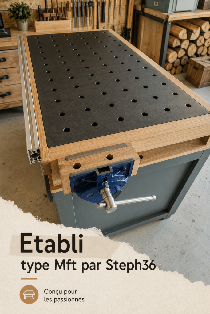 Etabli type MFT pour projets de bricolage, conçu avec des matériaux de qualité.