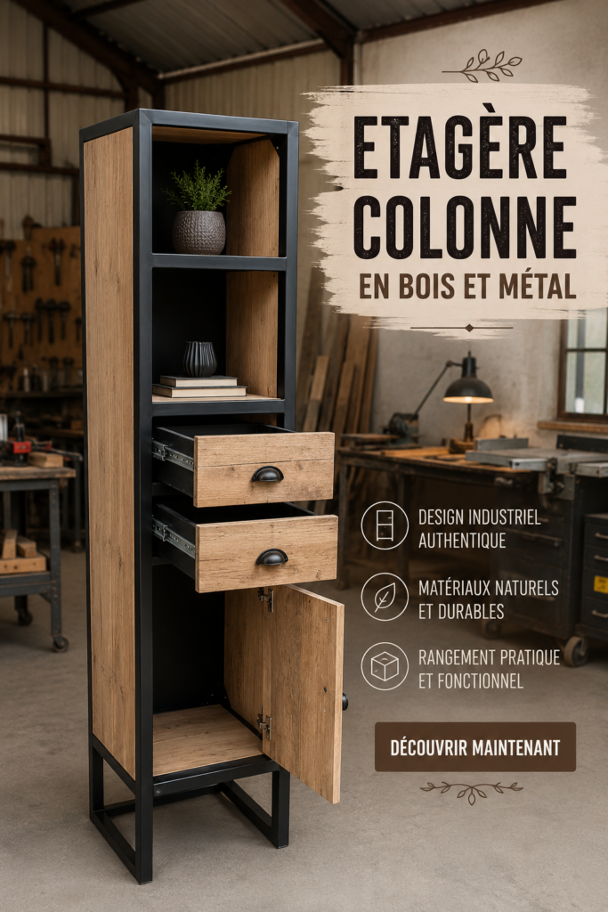Étagère colonne moderne en bois et métal dans un salon élégant.