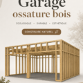 Garage en ossature bois dans un jardin moderne avec un aménagement esthétique.