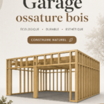 Garage en ossature bois dans un jardin moderne avec un aménagement esthétique.