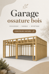 Garage en ossature bois dans un jardin moderne avec un aménagement esthétique.