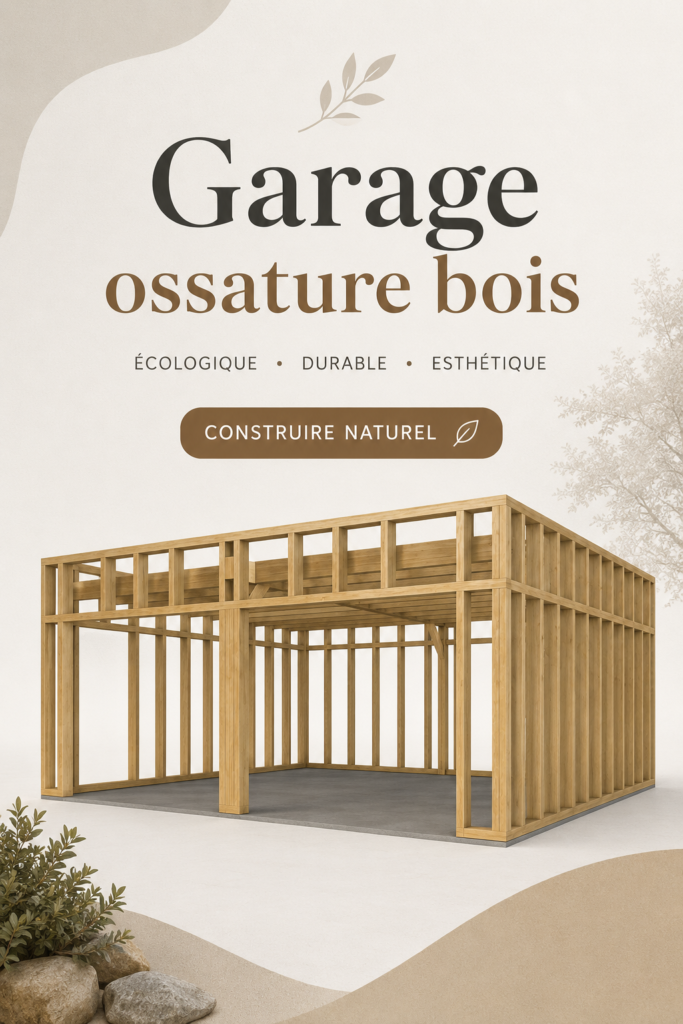 Garage en ossature bois dans un jardin moderne avec un aménagement esthétique.