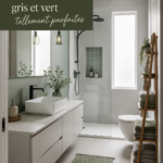 Exemple de salle de bain avec des murs gris et des accessoires verts