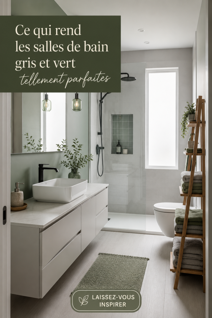 Exemple de salle de bain avec des murs gris et des accessoires verts