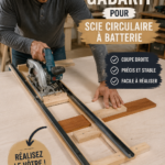 Femme utilisant une scie circulaire à batterie dans un projet DIY.