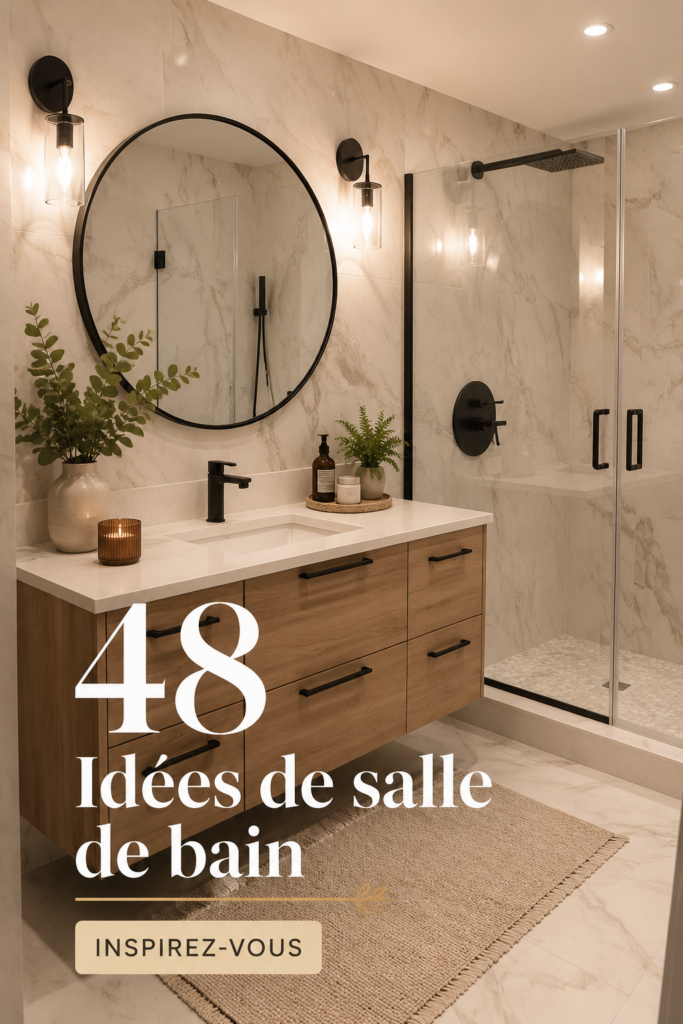 Salle de bains moderne et esthétique avec carrelage et éclairage doux.