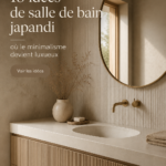 Salle de bain minimaliste de style Japandi avec des éléments naturels et éclairage chaleureux.