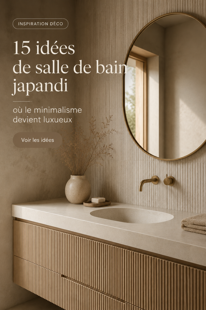 Salle de bain minimaliste de style Japandi avec des éléments naturels et éclairage chaleureux.