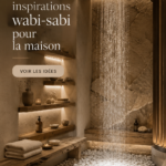 Un salon décoré dans le style Wabi Sabi avec des meubles en bois naturel et des textures organiques.