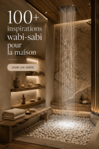 Un salon décoré dans le style Wabi Sabi avec des meubles en bois naturel et des textures organiques.