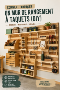 Mur de rangement pour outils construit avec un système de fixation français, organisé et esthétique.