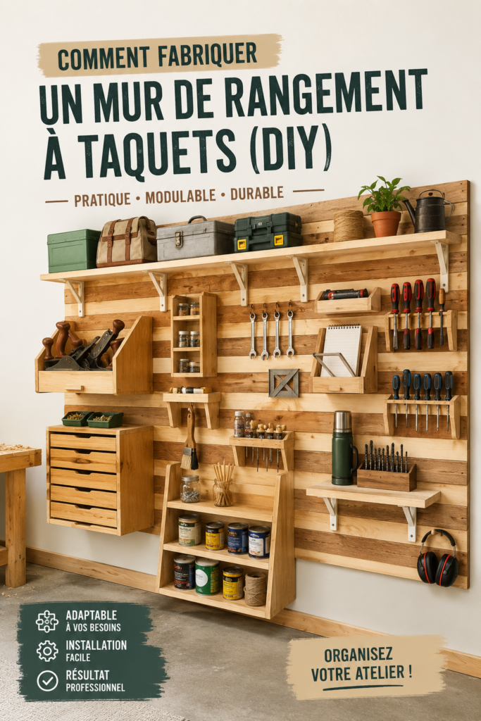 Mur de rangement pour outils construit avec un système de fixation français, organisé et esthétique.