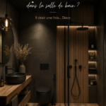 Salle de bain moderne avec touches de noir sur les murs et les accessoires