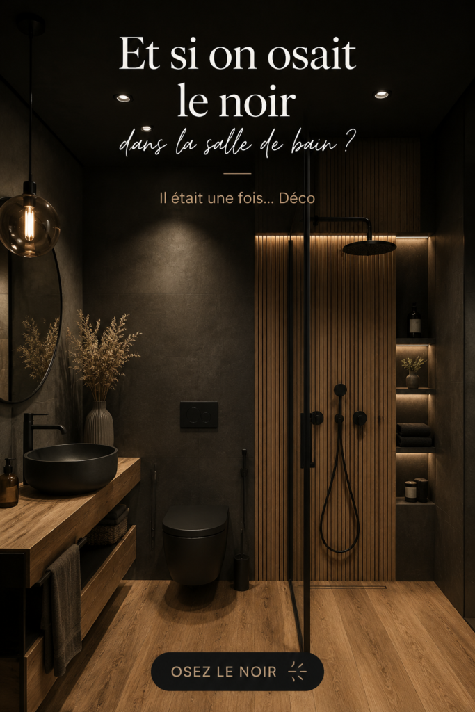 Salle de bain moderne avec touches de noir sur les murs et les accessoires