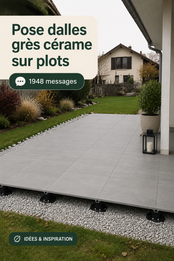 Pose de dalles en grès cérame sur plots dans un jardin moderne.
