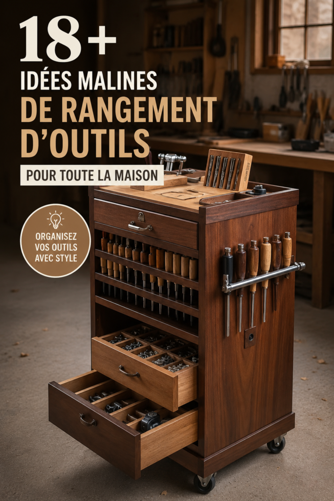 Espace de rangement d'outils bien organisé dans un garage.