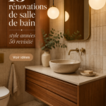Salle de bains rénovée dans un style mid-century moderne avec des meubles en bois et une décoration élégante.
