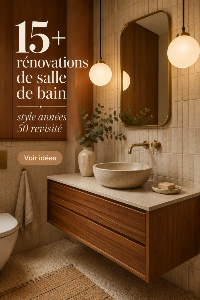 Salle de bains rénovée dans un style mid-century moderne avec des meubles en bois et une décoration élégante.