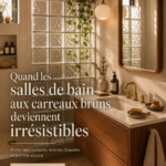Salle de bain moderne avec carrelage marron et éléments en bois.